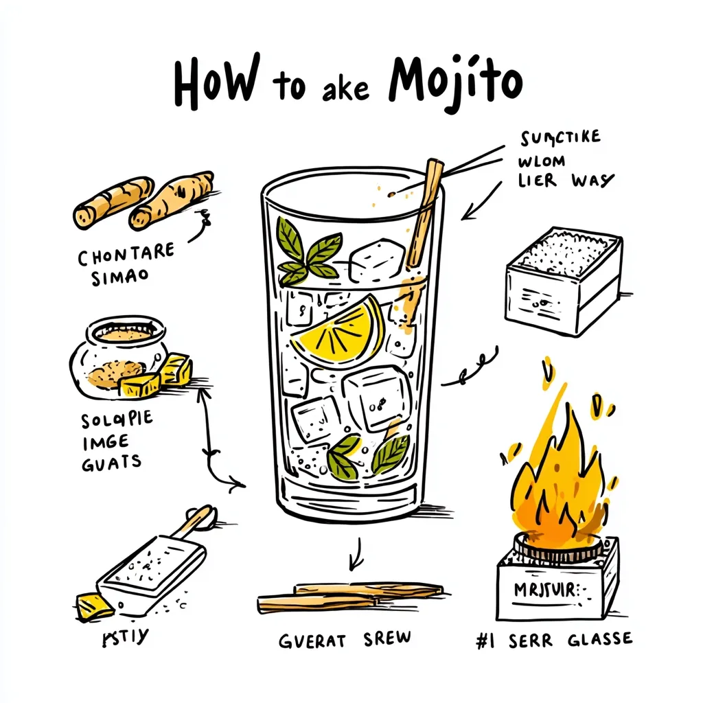 This whimsical illustration details how to make a Mojito.  The steps, depicted with charming hand-drawn images, include muddling sugar, mint, and lime; adding rum; topping with ice and soda water; and garnishing with a mint sprig.  The ingredients are labeled with playful, slightly misspelled words, adding to the illustration's quirky charm. The final product is a refreshing glass of mojito.