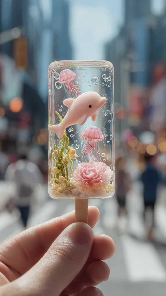 A hand holds a miniature resin popsicle.  The popsicle depicts an underwater scene with a pink dolphin, two jellyfish, delicate flowers, and seagrass.  All elements are meticulously crafted within the clear resin, creating a charming and detailed miniature artwork. The blurry city background suggests an urban setting.