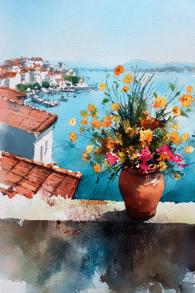 A vibrant watercolor painting depicts a terracotta pot overflowing with wildflowers on a sun-drenched balcony.  The pot sits against a low wall overlooking a picturesque harbor town.  Whitewashed buildings with terracotta roofs line the coast, boats bobbing gently in the clear blue water.  The scene exudes a sense of warmth, tranquility, and Mediterranean charm.