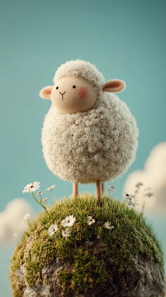 A fluffy, cartoonish lamb stands on a miniature, mossy planet.  Delicate white flowers sprout from the verdant surface. The lamb has rosy cheeks and simple, stitched features. The background is a soft, pale blue, suggesting a dreamy, whimsical setting. The overall image is cute and evokes feelings of innocence and tranquility.