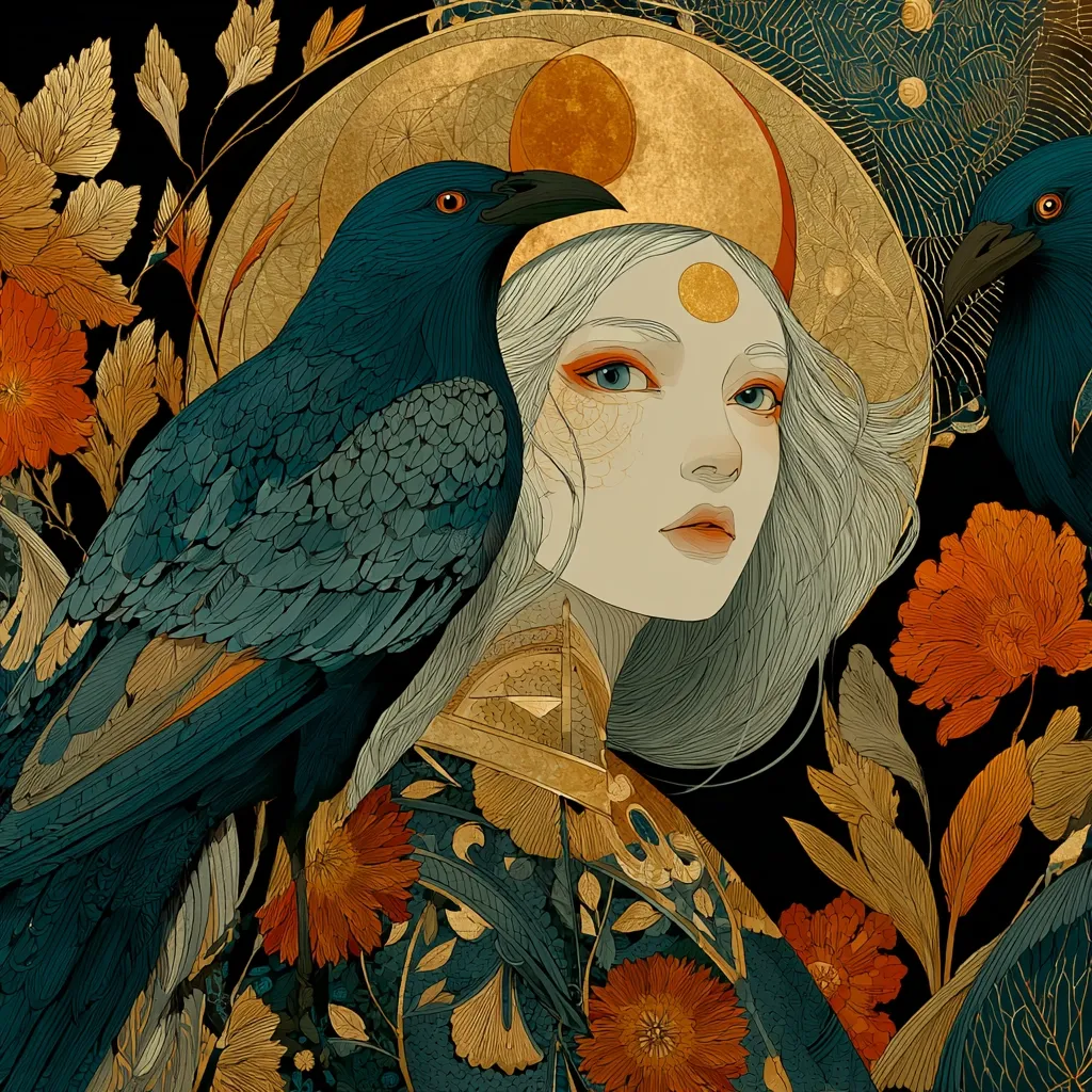 A young woman with long, flowing white hair is the central figure in this richly detailed artwork.  She is adorned with gold accents and surrounded by dark teal birds, possibly ravens, and intricate floral patterns in autumnal hues of orange and gold. A crescent moon and sun are depicted above her head, adding a mystical element to the piece. The overall style is evocative of art nouveau and fantasy, with meticulous linework and a striking color palette.