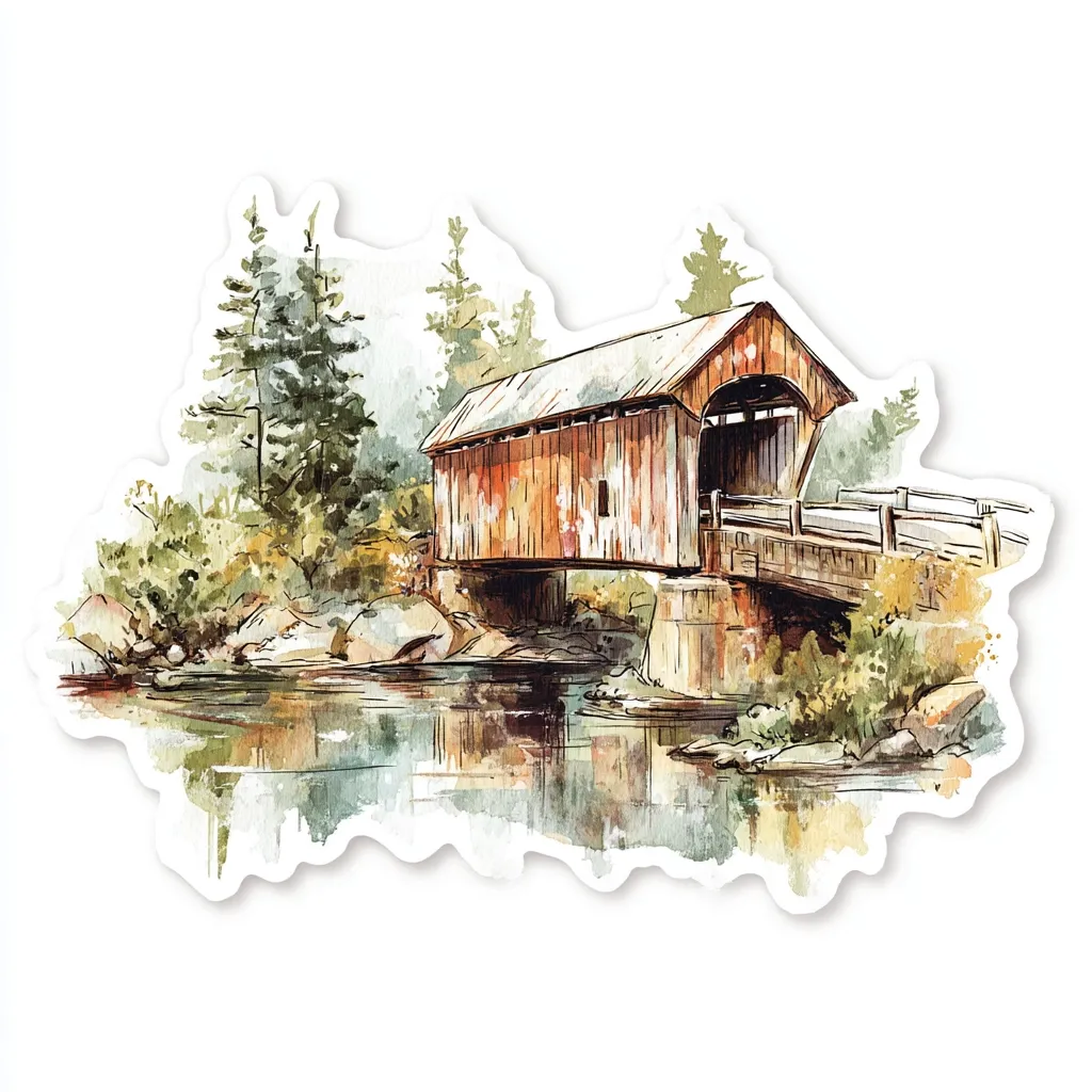 A watercolor painting depicts a rustic covered bridge spanning a calm river.  The bridge, weathered and brown, is nestled amongst lush green trees and rocky banks.  The tranquil water reflects the surrounding foliage and the bridge's structure. The overall style suggests a peaceful, idyllic scene in a rural setting.  The image is presented as a sticker, with a white background around the painted area.