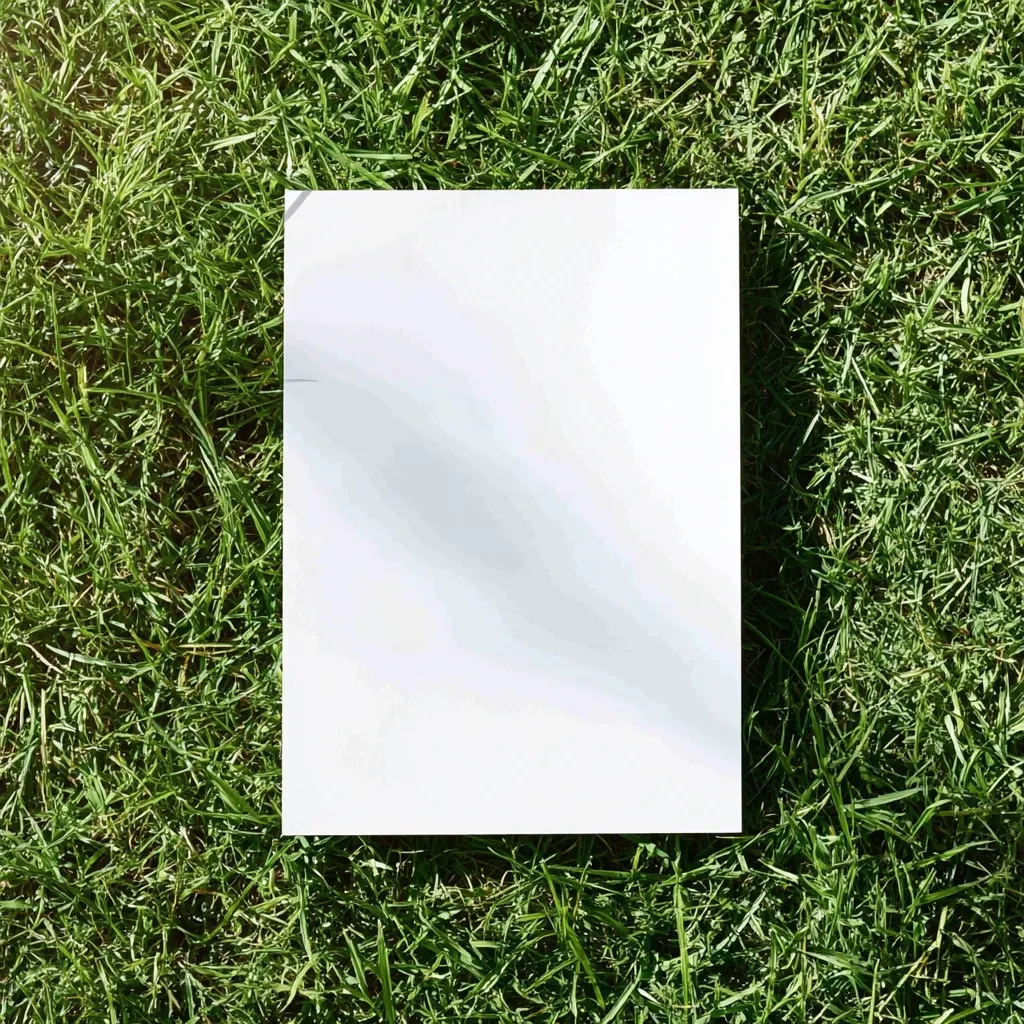 A blank, white square piece of paper rests on a vibrant green lawn.  The paper is positioned centrally, providing a stark contrast to the lush grass.  Sunlight casts a subtle shadow across the paper, adding depth to the image.  The scene is simple and evokes a feeling of freshness and tranquility.