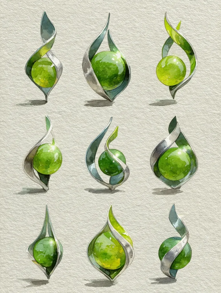 Nine watercolor paintings depict abstract jewelry designs. Each features a vibrant green sphere nestled within a silver, leaf-like, swirling frame.  The designs vary in the orientation and shape of the silver frame, creating a collection of unique and elegant pendants or ornaments.  The style is modern and artistic, emphasizing both form and color.