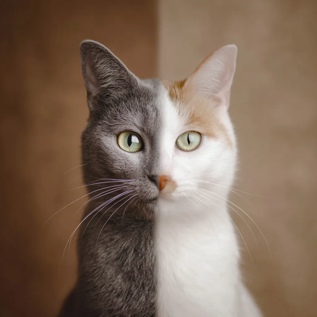 A captivating close-up reveals a cat seemingly divided in two.  One half is a sleek gray, the other a vibrant calico of white and orange.  Its striking green eyes gaze directly at the camera, creating a mesmerizing duality. The soft background accentuates the cat's fur texture and the sharp division of its coloring.  The image is both intriguing and aesthetically pleasing.