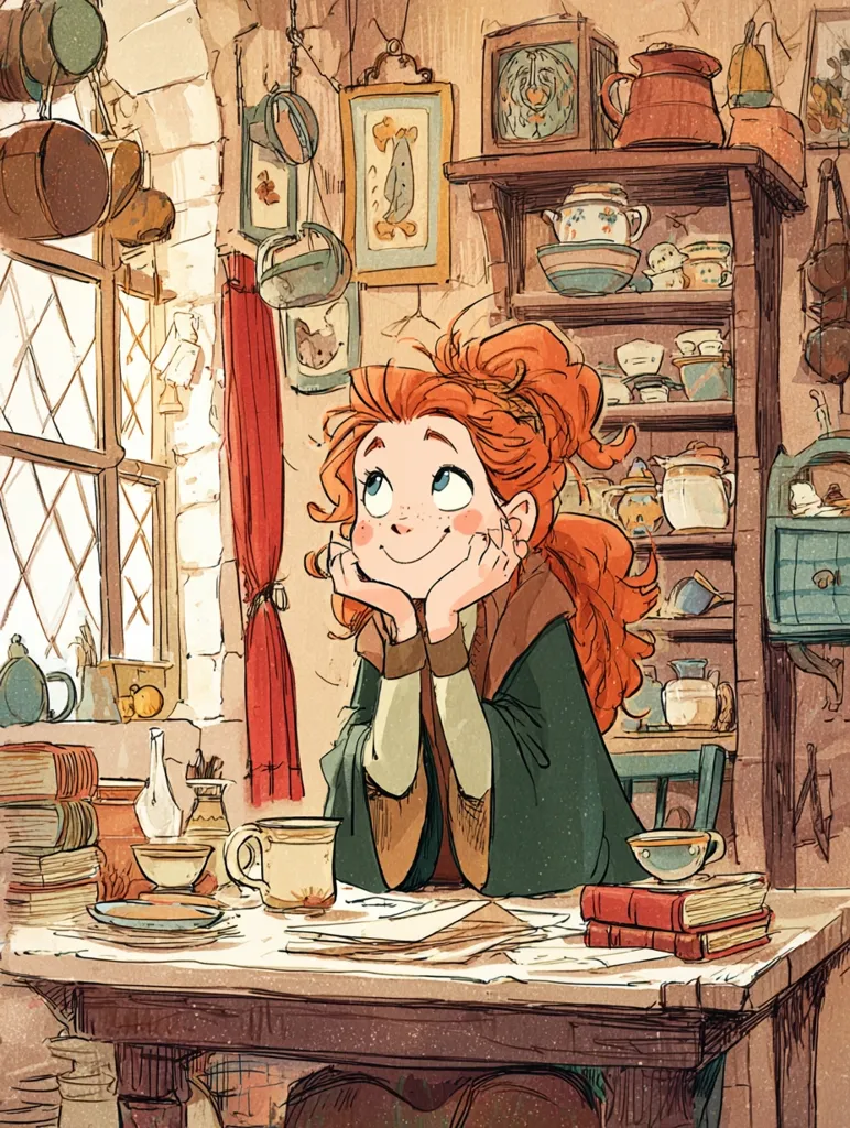 A whimsical illustration depicts a girl with vibrant red hair, seated at a wooden table in a cozy room filled with antique shelves and charming objects.  She rests her chin on her hands, gazing thoughtfully. The room is cluttered with books, teacups, and various trinkets, creating a warm and inviting atmosphere. The artwork's style is reminiscent of children's book illustrations, with soft colors and expressive lines.