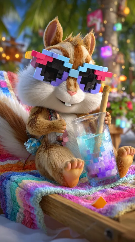 A cute, cartoon chipmunk lounges on a colorful beach towel, sporting pixelated sunglasses and enjoying a vibrant, icy beverage.  The scene is set against a blurred background of tropical foliage and festive lights, creating a whimsical, summery atmosphere. The chipmunk's relaxed posture and bright accessories contribute to the overall cheerful and playful mood.