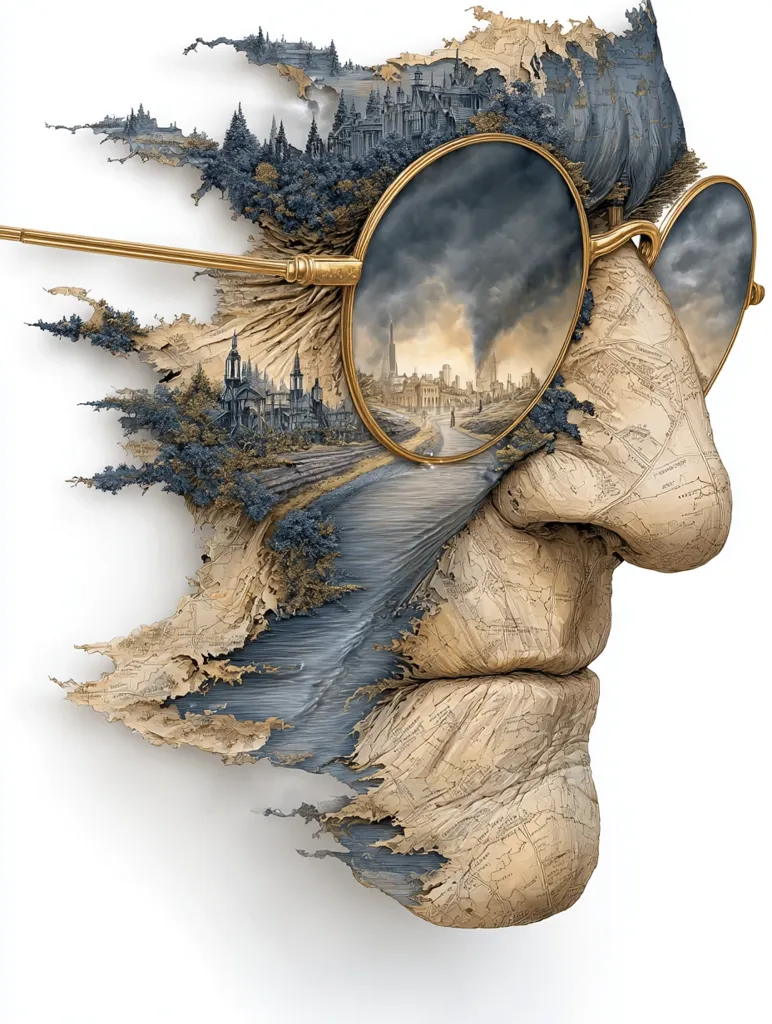A striking artwork depicts a weathered face, seemingly composed of textured maps and landscapes.  Round glasses reflect a city scene engulfed in smoke or storm.  The face is fragmented, with parts resembling eroded terrain, blending the human form with geographical elements.  The piece evokes a sense of time, memory, and perhaps the impact of change on a personal or global scale.