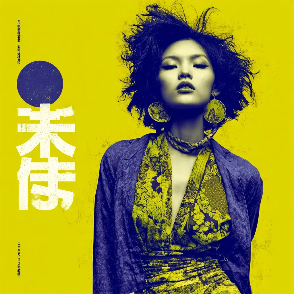 A stylized portrait of a woman with dark, voluminous hair.  She wears large, ornate earrings and a vibrant yellow and blue patterned dress under a purple jacket. The background is a bold yellow, and large white Chinese characters are prominent on the left.  The overall aesthetic is bold, graphic, and fashion-forward.