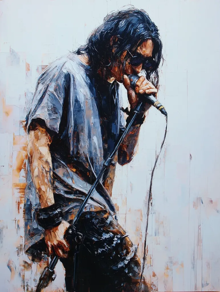 A stylized oil painting depicts a male vocalist, his long dark hair partially obscuring his face.  He's wearing a loose, grey shirt and dark pants, holding a microphone close to his mouth.  The painting's impasto technique creates a textured, expressive effect, with visible brushstrokes and a light, almost abstract background. The overall mood is intense and focused, capturing a moment of powerful performance.