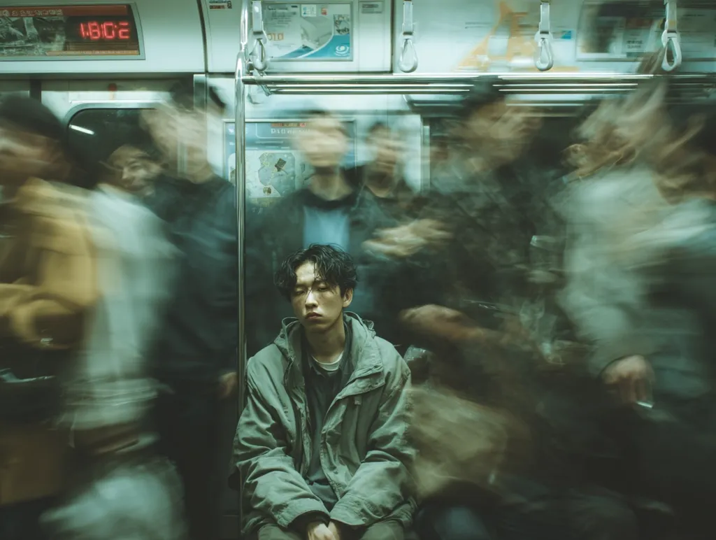 A young man sits calmly on a subway train, his face serene amidst a blur of motion.  The surrounding passengers are depicted as streaks of color, emphasizing his stillness. The dimly lit interior and digital clock displaying 18:02 highlight the transient nature of urban life. The image evokes a sense of quiet contemplation within the bustling chaos of a city commute.