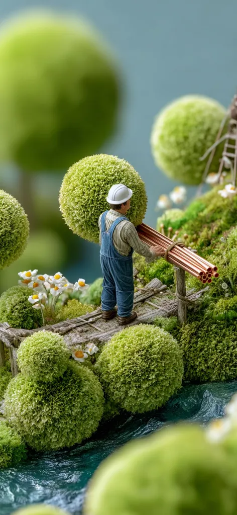 A miniature worker in overalls and a hard hat carries a bundle of copper pipes across a tiny wooden bridge.  The bridge spans a miniature stream, nestled within a whimsical landscape of moss balls and small white flowers. The scene is surreal and charming, depicting a worker in a fantastical, verdant environment.