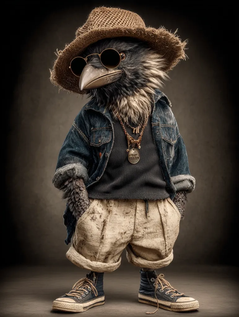 A stylish crow is depicted, wearing a straw hat, round sunglasses, a denim jacket, a black shirt, beige corduroy shorts, and Converse sneakers.  Its hands are in its pockets.  A gold necklace with a pendant is visible around its neck. The crow’s pose and attire create a cool, almost hip-hop-inspired aesthetic. The background is a muted brown, emphasizing the crow's outfit.