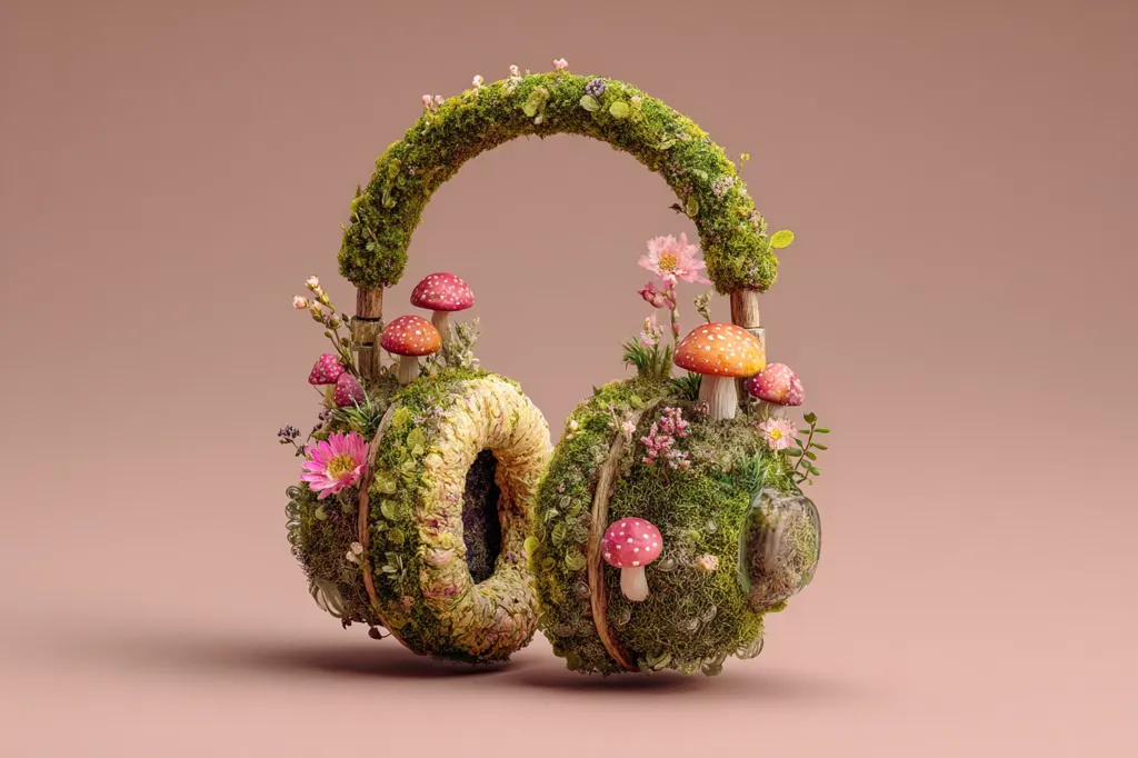 A pair of headphones is artistically crafted from moss, small flowers, and mushrooms.  The headband is a mossy arch, while the earcups are spherical, densely covered in greenery and fungi.  Delicate pink and white blossoms add pops of color to the earthy, whimsical design, creating a surreal, nature-inspired aesthetic against a muted pink background.