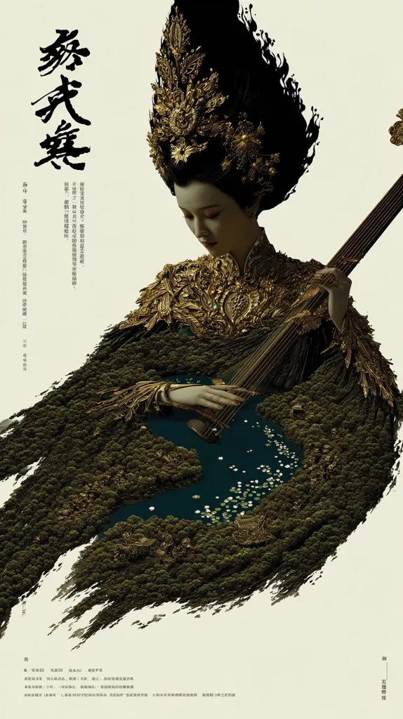 A woman in elaborate gold and black attire, adorned with a majestic headdress, plays a stringed instrument.  The instrument and her robes seem to seamlessly blend into a lush, dark green landscape, creating a surreal and artistic effect. The image is a striking visual, suggesting a blend of traditional Chinese aesthetics and fantasy.  The title "繁花大典" is prominently displayed in Chinese calligraphy.