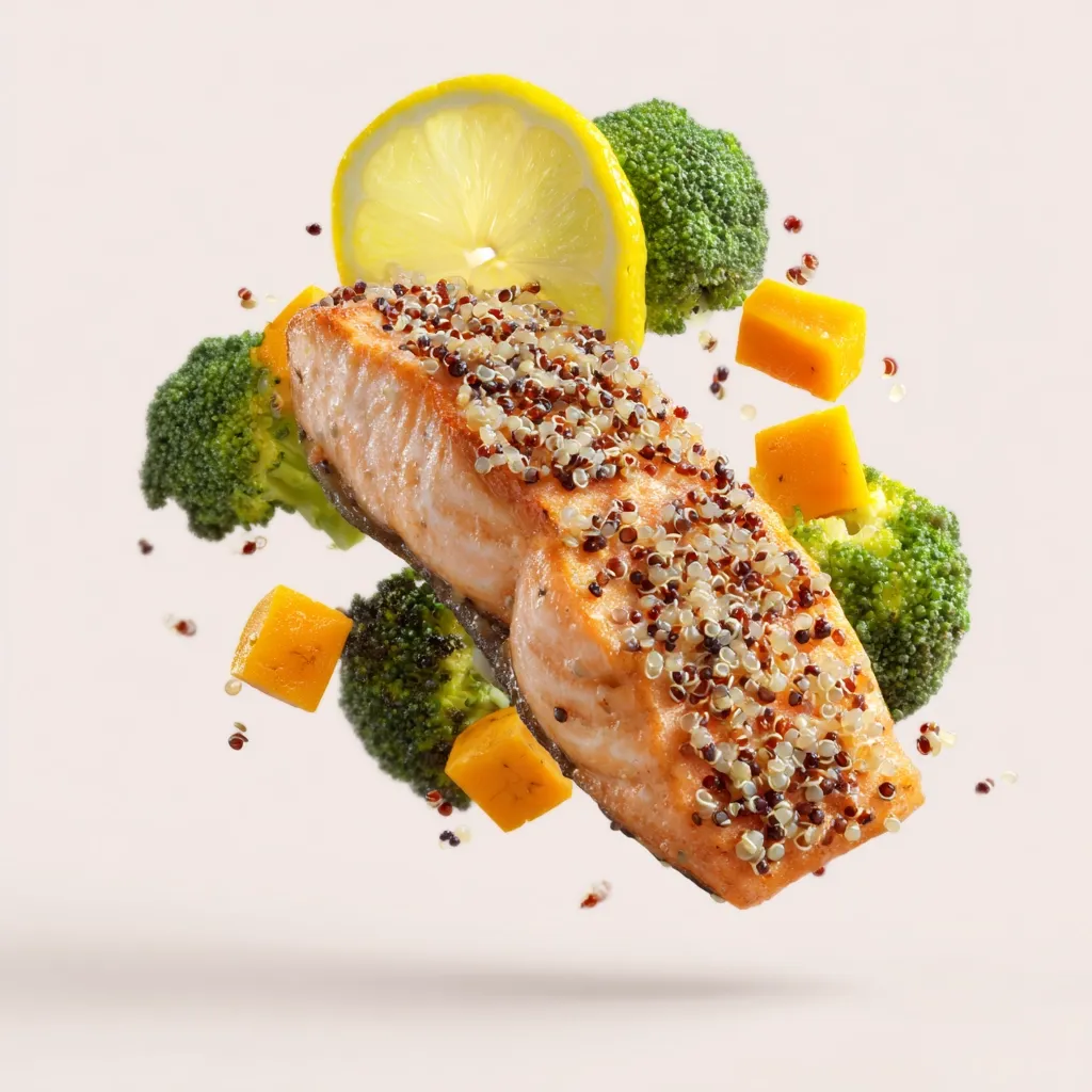 A delicious-looking salmon fillet, sprinkled with quinoa, is the centerpiece of this image.  Surrounding the salmon are pieces of broccoli, lemon slices, and cubed butternut squash, all seemingly suspended in mid-air, creating a vibrant and appetizing scene. The light background highlights the food's colors and textures.