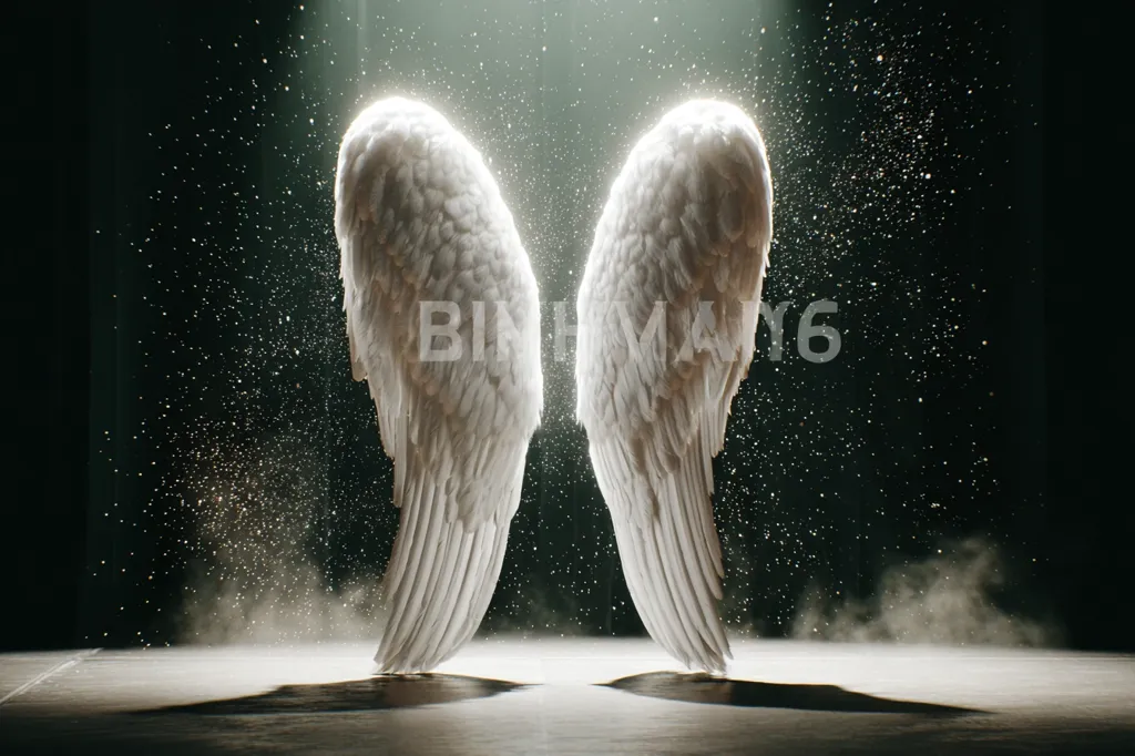 A pair of large, white angel wings stand on a dark stage, illuminated by a spotlight from above.  Dust or particles motes dance in the air around them, creating a ethereal and otherworldly atmosphere. The wings are highly detailed, with individual feathers visible, and appear soft and delicate.  The overall scene is dramatic and evocative.