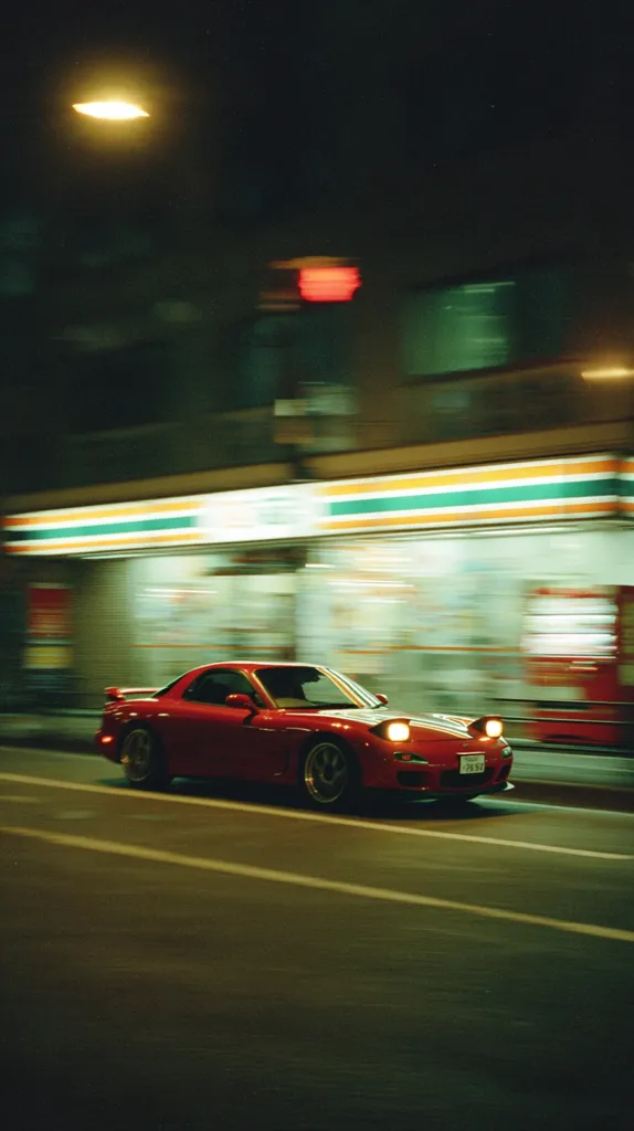 A vibrant red sports car speeds down a city street at night.  The motion blur suggests high speed, while the brightly lit convenience store in the background provides a stark contrast to the dark surroundings.  The image evokes a feeling of dynamism and urban energy.  The car's headlights cut through the darkness, adding to the dramatic effect.