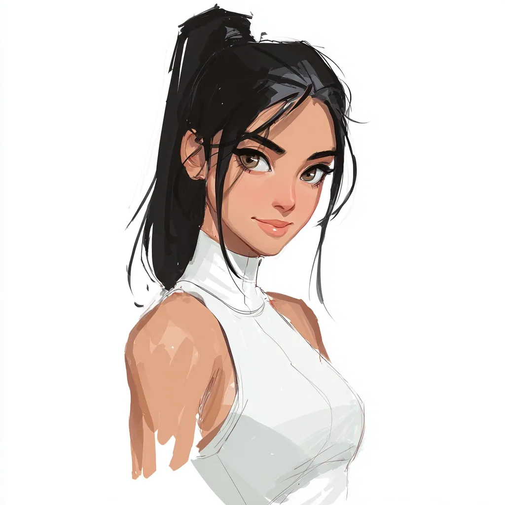 A stylized portrait of a young woman with dark hair pulled back in a high ponytail.  She has tan skin, expressive brown eyes, and is wearing a simple, off-white sleeveless top with a high neckline. Her expression is soft and slightly suggestive of a shy confidence. The art style is loose and painterly, with visible brushstrokes contributing to a sense of movement and energy.