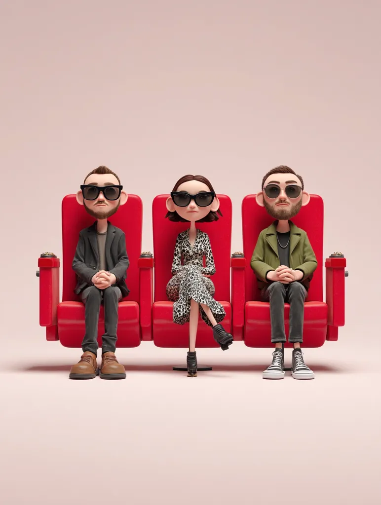 Three stylized cartoon characters, a man, a woman, and a man, are seated in a row of red theater seats against a pale pink background.  They wear sunglasses and fashionable clothing. The men are dressed in dark jackets and trousers, while the woman wears a patterned dress.  The image has a clean, modern aesthetic.