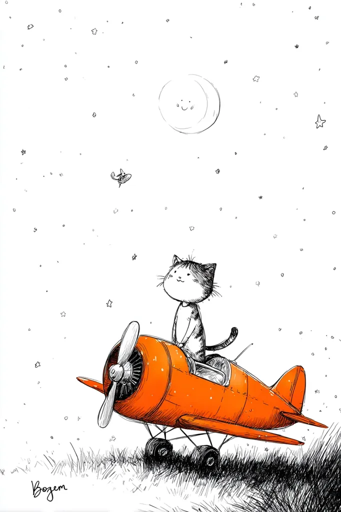 A whimsical illustration depicts a cute cat piloting a small, orange airplane under a crescent moon and starry sky.  The cat sits upright in the cockpit, seemingly enjoying the flight.  The style is sketchy and expressive, with light ink strokes suggesting grass below and a sprinkling of stars above.  A small insect-like creature is visible in the distance, adding to the dreamlike quality of the scene.
