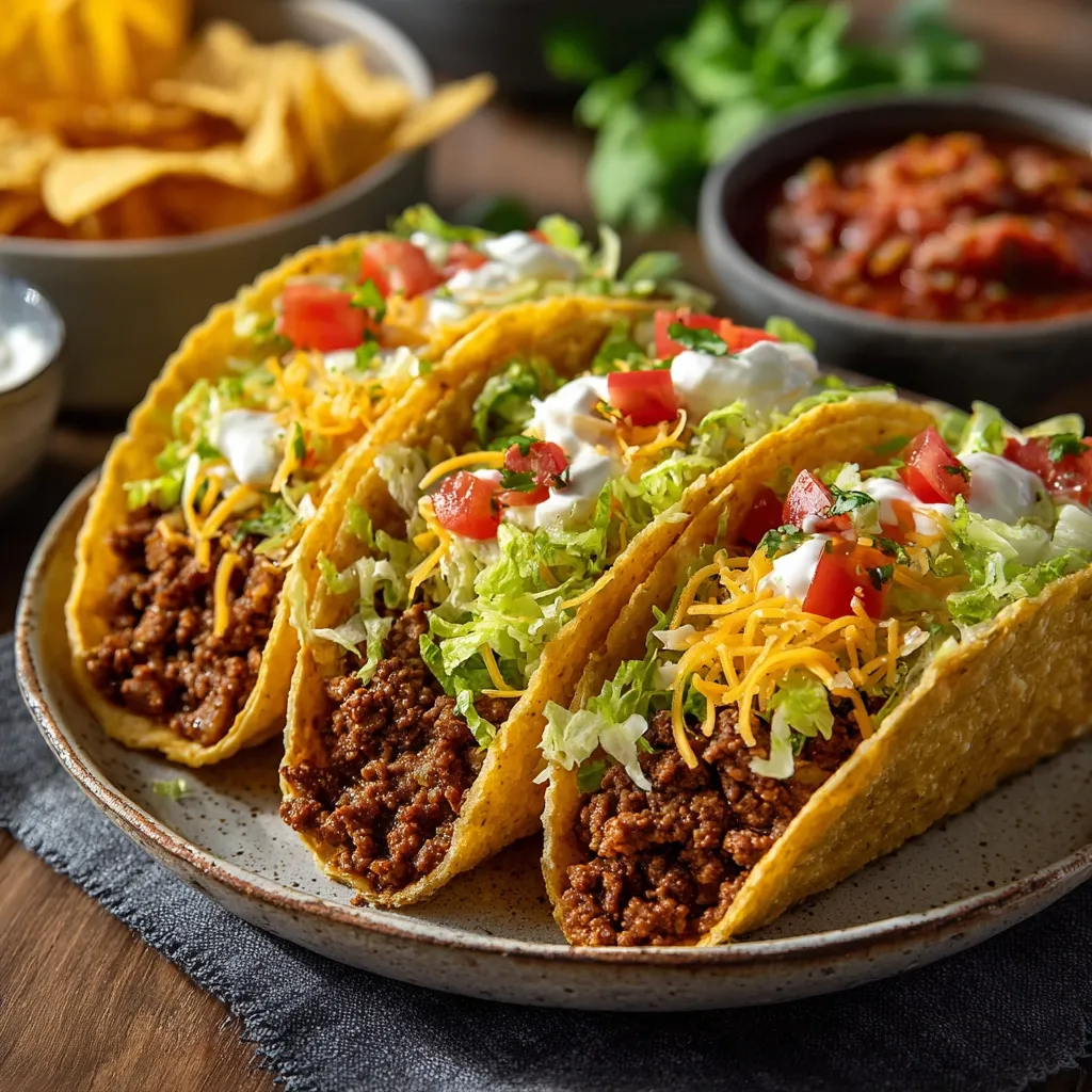 Three delicious ground beef tacos are artfully arranged on a plate.  Each taco is generously filled with seasoned beef, shredded lettuce, diced tomatoes, shredded cheese, and a dollop of sour cream.  In the background, bowls of tortilla chips and salsa add to the vibrant Mexican-inspired scene. The tacos are ready to be enjoyed.