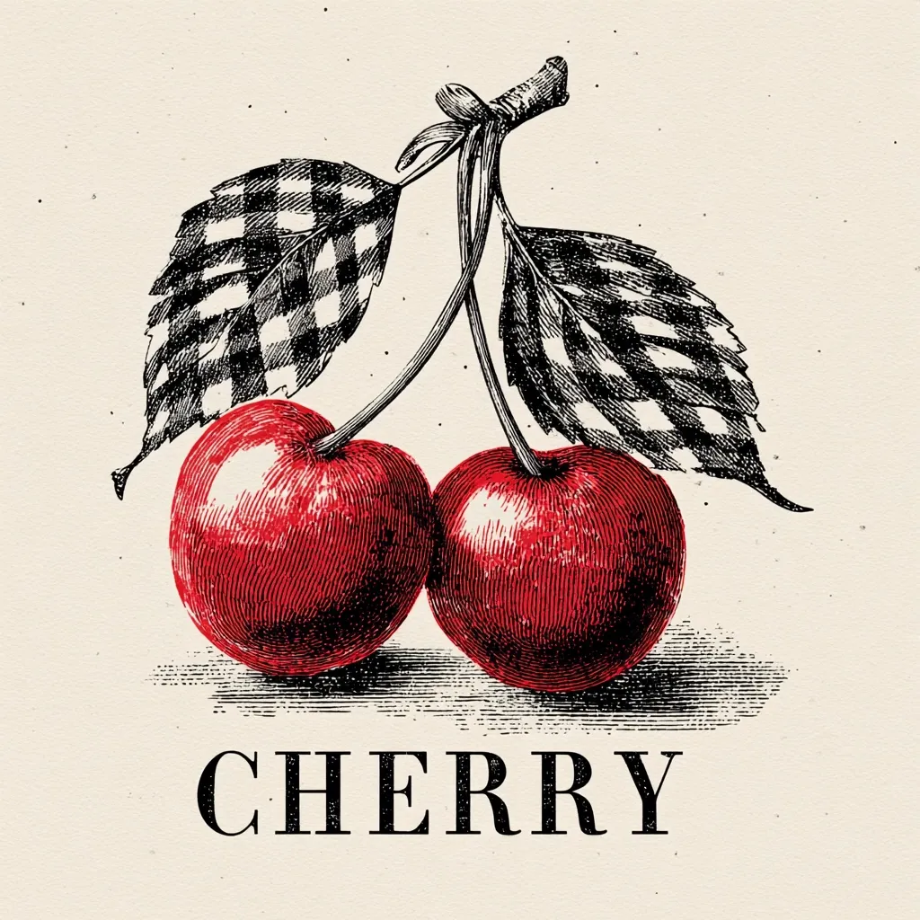 A vintage-style illustration of two ripe cherries on a stem.  The cherries are depicted in rich red tones with detailed shading, while the leaves feature a black and white gingham pattern. The word "CHERRY" is printed beneath the image in a bold, sans-serif font. The overall style evokes a nostalgic, farm-fresh aesthetic.