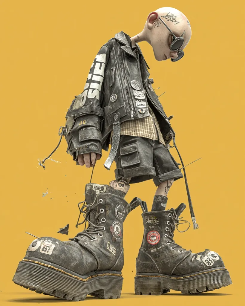 A 3D rendering depicts a bald, tattooed, young character with a lean build, wearing a worn leather jacket adorned with patches and graffiti-style text.  The character's attire includes dark cargo shorts and heavily distressed Dr. Martens boots, also covered in stickers and patches. The overall style is heavily influenced by punk and grunge aesthetics, set against a muted yellow background.  The figure's posture is slightly slumped, conveying a sense of weariness or apathy.