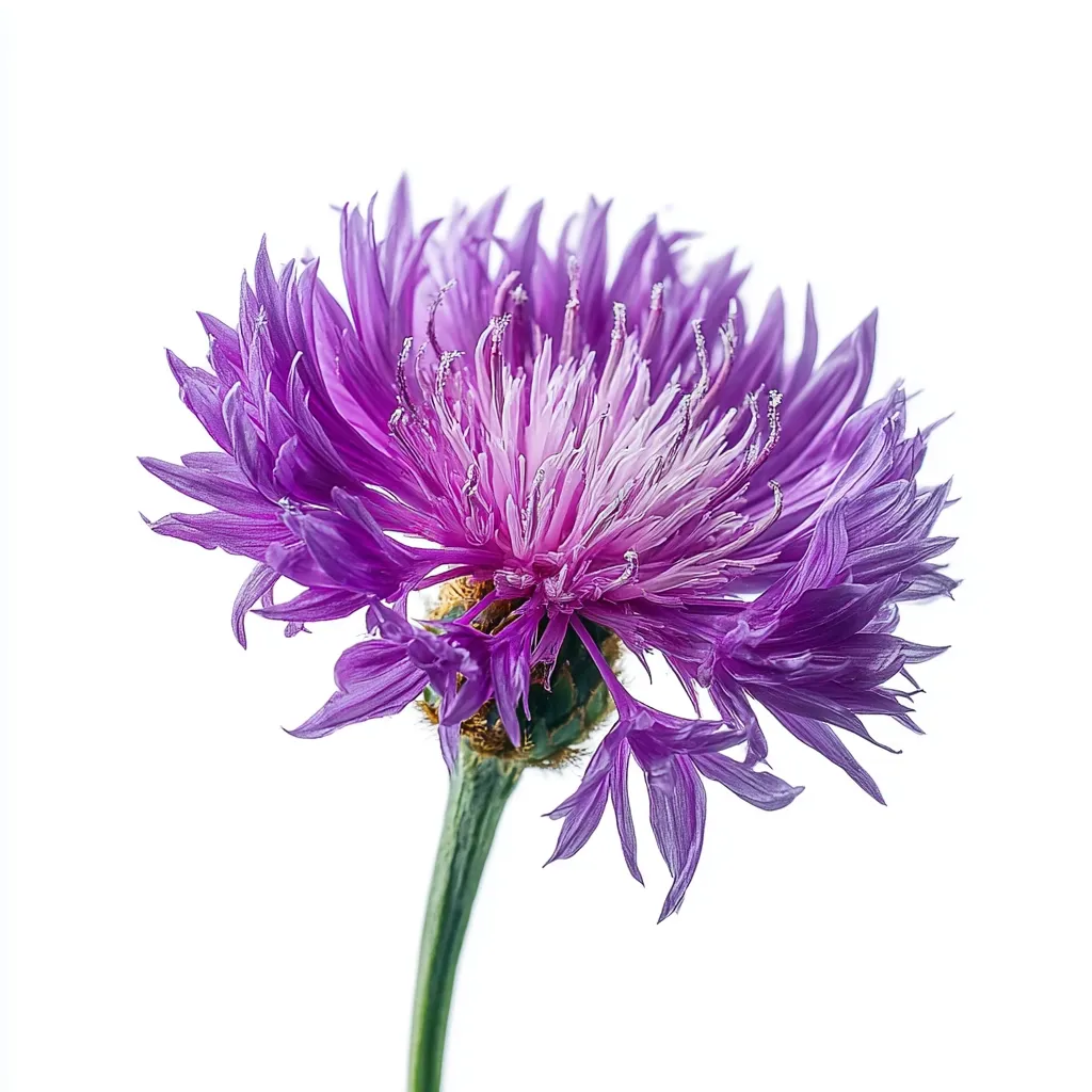 A vibrant purple cornflower, isolated on a white background, showcases its delicate, spiky petals. The flower's center is a lighter shade of purple, transitioning to a deeper hue at the edges.  The stem is green and slender, extending gracefully below the bloom. The overall image is crisp and clean, highlighting the flower's intricate details.