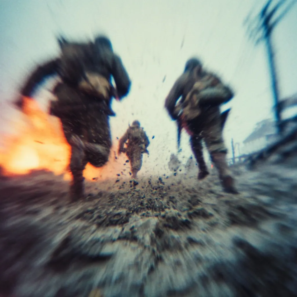 Blurred motion depicts soldiers sprinting through a warzone.  Explosions erupt behind them, creating a fiery backdrop.  The ground is churned up, suggesting intense action. The image is fast-paced and chaotic, conveying the urgency and danger of the battlefield.  The soldiers' forms are indistinct, emphasizing the overall sense of motion and pandemonium.