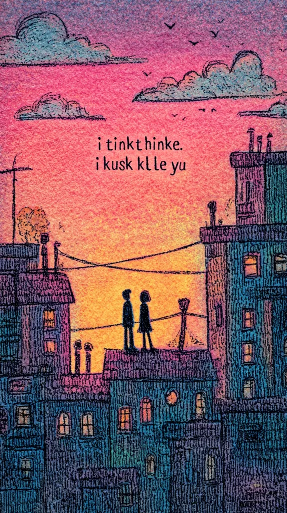A hand-drawn illustration depicts a cityscape at sunset.  Two silhouetted figures stand on a rooftop, overlooking the colorful sky filled with stylized clouds and birds.  The buildings are densely packed, textured, and rendered in a dark palette, contrasting with the warm sunset hues.  Text, possibly in a non-English language, is centrally positioned.  The overall style is whimsical and nostalgic.