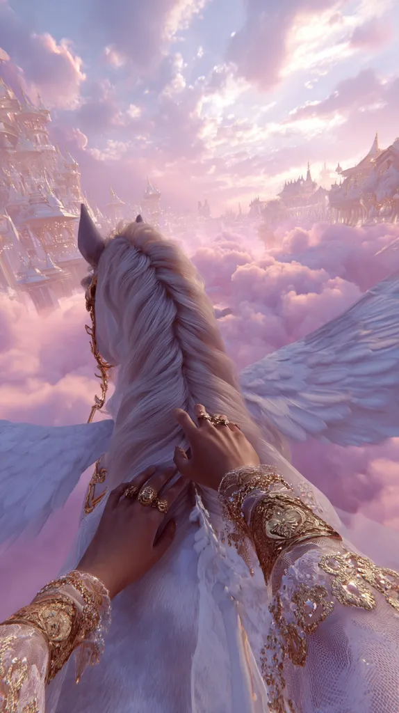 A person in a flowing, gold-embroidered white gown rides a winged white horse through a pastel sky.  Below them, a city of white castles and spires is nestled amongst fluffy pink clouds. The scene is ethereal and dreamlike, suggesting a journey to a magical realm.  The rider's hands gently rest on the horse's mane.