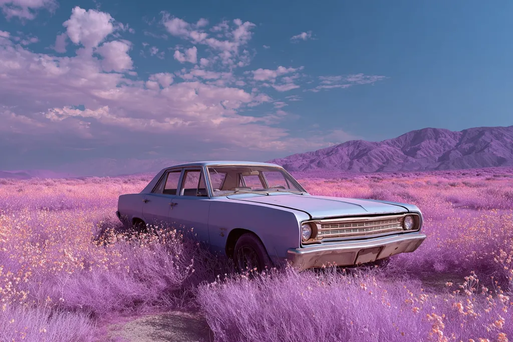 A light blue vintage car sits in a field of vibrant purple wildflowers under a pastel sky.  Mountains rise in the distance, also rendered in shades of purple. The scene appears surreal, possibly due to infrared photography, creating a dreamlike and otherworldly atmosphere. The car seems abandoned, adding to the sense of quiet solitude.