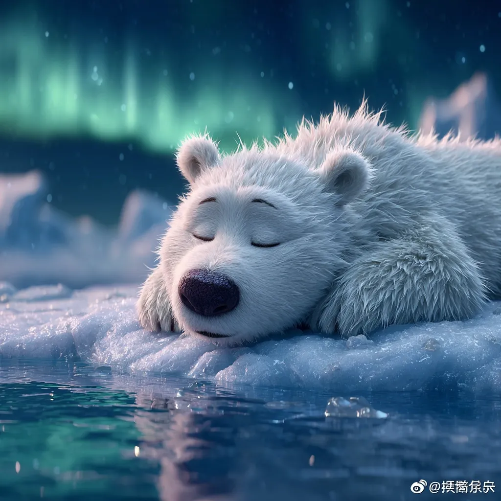 A fluffy, cartoon polar bear peacefully sleeps on a small ice floe.  Its eyes are closed, and its expression is serene. The background features a breathtaking display of the aurora borealis, casting an ethereal glow on the scene. The calm water reflects the ice and the magical lights, creating a tranquil winter wonderland.
