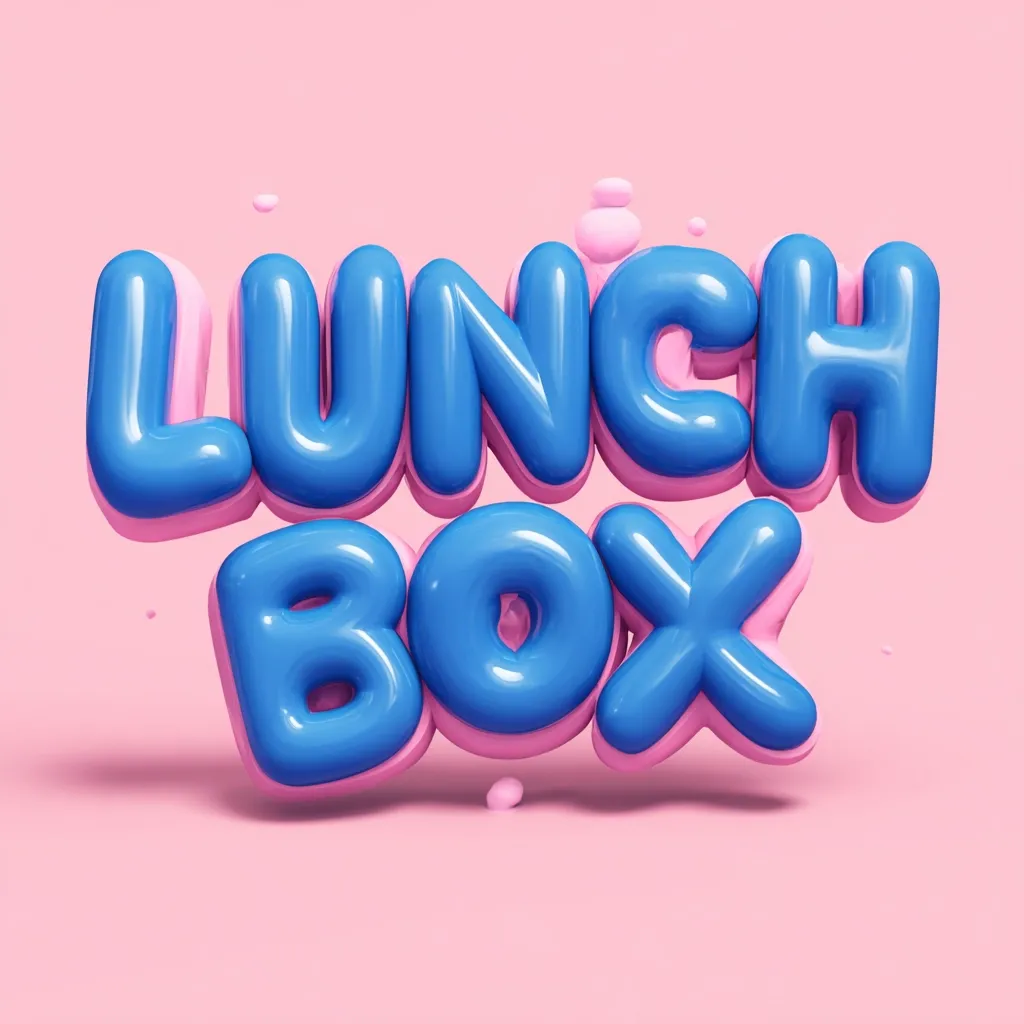 The words "Lunch Box" are displayed in large, three-dimensional, balloon-like letters.  The letters are blue with a slightly lighter pink outline, giving a glossy, inflated appearance. They are set against a solid pink background with small, scattered pink blobs, enhancing the playful, whimsical feel.  The overall style is bright, cheerful, and eye-catching.