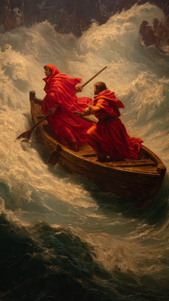 Two figures in flowing red robes row a small wooden boat through tumultuous waves.  The sea is violently churning, with crests of white foam.  In the background, shadowy figures and wreckage hint at a perilous storm. The scene is dramatic, emphasizing the struggle against the powerful forces of nature. The painting's palette is dark and moody, enhancing the sense of danger.
