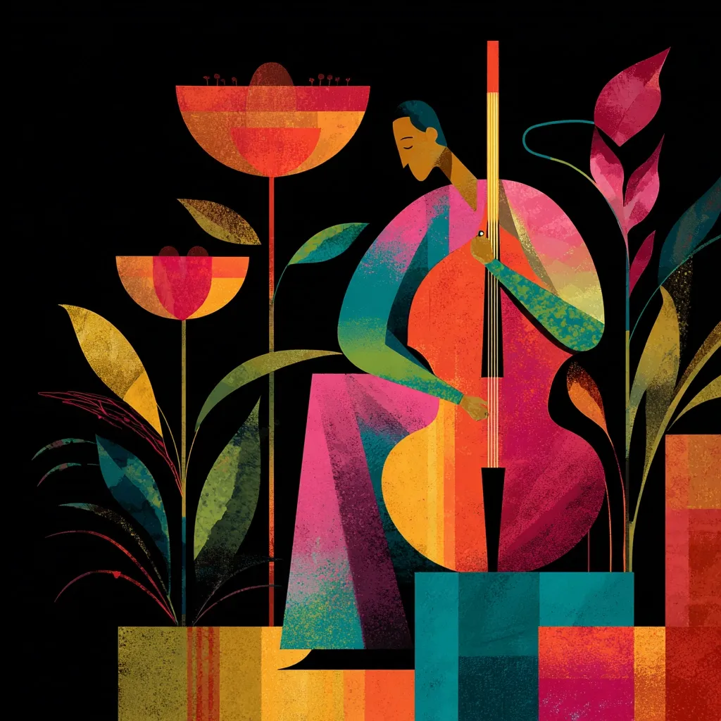 A stylized illustration depicts a person seated, playing a cello amidst a vibrant garden.  The artwork uses bold geometric shapes and a textured, almost paint-like, application of color.  Warm reds, oranges, and yellows contrast with cool greens and blues, creating a dynamic and expressive piece. The overall feel is one of artistic freedom and musical expression.