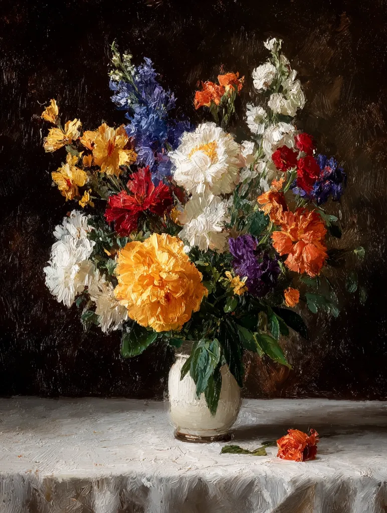 A vibrant still life painting showcases a bountiful bouquet in a creamy white vase.  The arrangement bursts with color, featuring white peonies, yellow and orange blooms, deep red carnations, blue delphiniums, and other assorted flowers.  The flowers are richly painted with visible brushstrokes, creating a textural effect.  A single fallen orange flower rests on the loosely draped white tablecloth, adding a touch of casual elegance to the scene. The dark background enhances the vibrancy of the floral display.