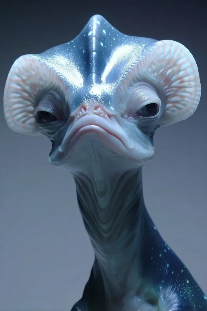 A close-up reveals a meticulously sculpted creature, seemingly alien in origin.  Its bluish-grey skin is adorned with subtle, speckled markings.  Large, curved protrusions flank its head, adding to its otherworldly appearance.  The creature's expression is one of subtle displeasure, its gaze directed forward.  The detail in the sculpture is remarkable, capturing the texture and form of the imagined being.