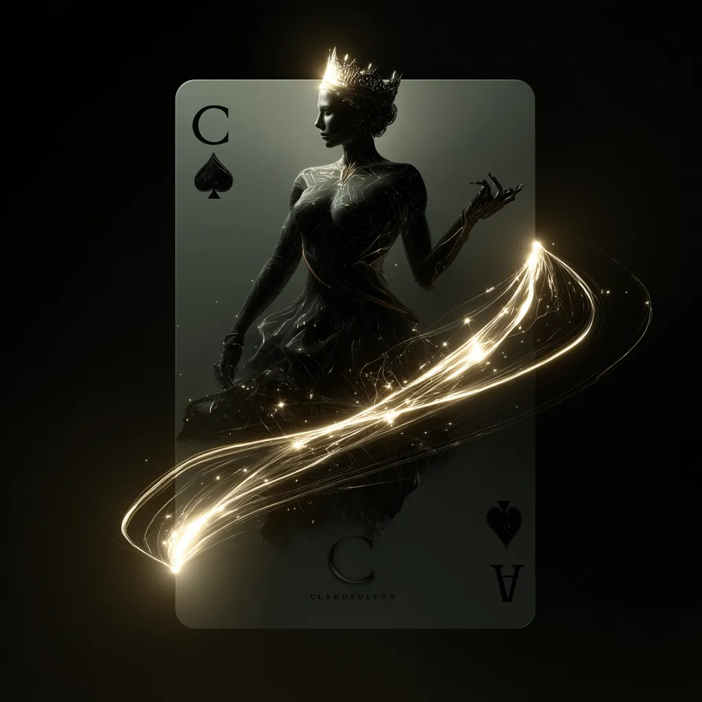 A stylized Queen of Spades playing card features a dark, ethereal figure adorned with a golden crown.  The queen's form is intricate, almost skeletal, with glowing, golden energy trails swirling around her.  The card is dark grey, contrasting with the bright, golden accents and the queen's elegant pose. The overall aesthetic is dark fantasy with a touch of magic.