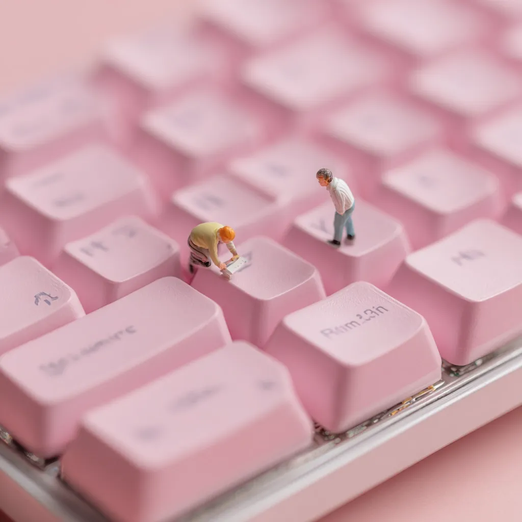Two miniature figures are perched on a pink keyboard. One figure appears to be working on a key, while the other stands observing.  The shallow depth of field focuses on the figures and the keys, creating a whimsical contrast between the scale of the figures and the keyboard.  The overall aesthetic is playful and pastel.