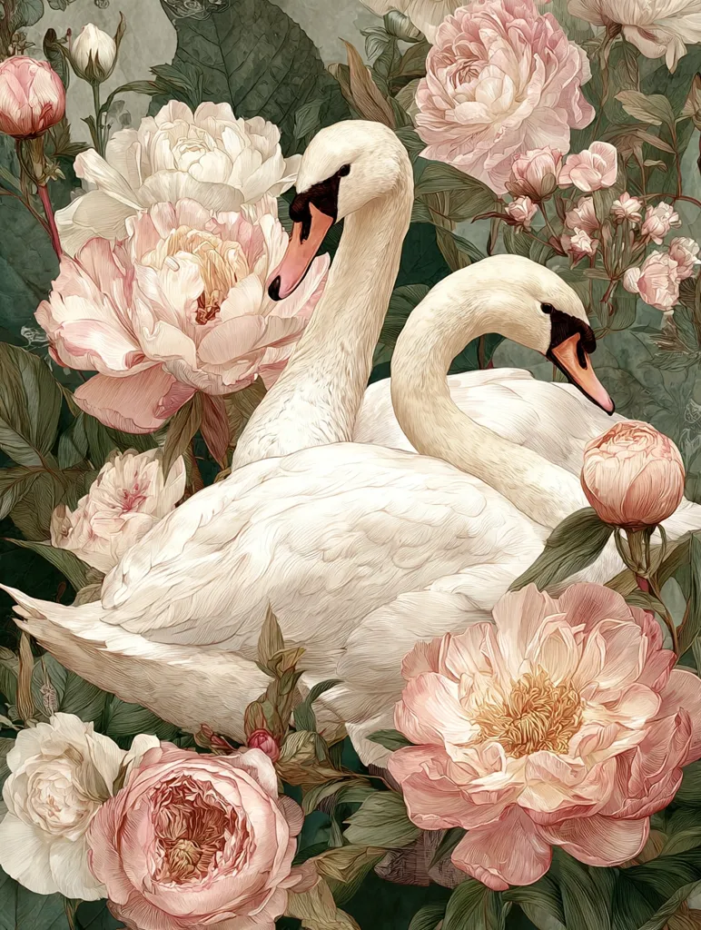A pair of elegant white swans are nestled amidst a lush garden of blush-pink peonies.  The swans' graceful curves contrast beautifully with the soft, layered petals of the flowers.  The overall style is reminiscent of a botanical illustration, with meticulous detail in both the birds and blossoms. The muted greens and pinks create a serene and romantic atmosphere.