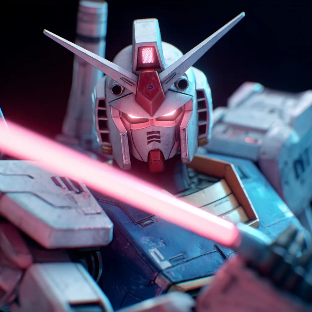 A close-up shot of a meticulously detailed Gundam model kit.  The model is predominantly white and blue, with red accents on the head. A vibrant pink beam saber extends across the frame, partially obscuring the robot's torso. The lighting and detailing give the model a weathered, battle-worn appearance, enhancing its realism. The background is dark, focusing attention solely on the robot.