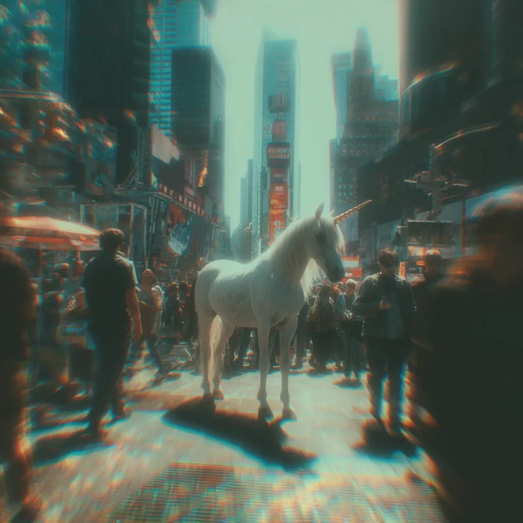 A white unicorn stands calmly amidst the bustling crowds of Times Square, New York City.  The image is stylized with a dreamy, slightly distorted effect, blurring the background figures and emphasizing the surreal juxtaposition of the mythical creature in the urban landscape.  Bright billboards and towering skyscrapers form a vibrant backdrop to this unusual scene.