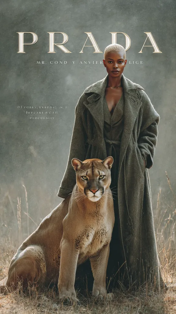 A fashion campaign image for Prada features a woman in a long, olive-green coat standing next to a cougar.  The woman has short, blonde hair and a serious expression. The large "PRADA" logo is prominently displayed at the top, with smaller text beneath. The setting appears to be a field with tall grasses. The overall mood is mysterious and sophisticated.