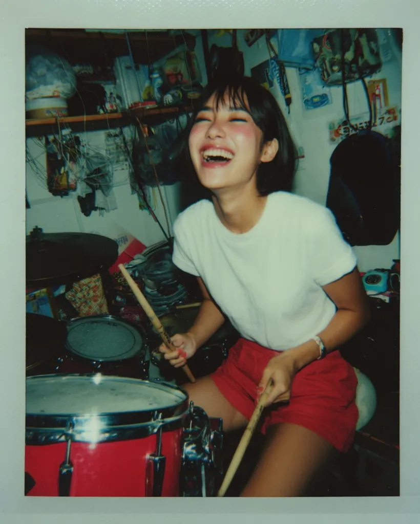 A joyful young woman with short dark hair laughs while playing a red drum set.  She's wearing a white t-shirt and red shorts in a cluttered room, suggesting a casual, possibly homemade, music session. The image has a nostalgic, slightly grainy quality reminiscent of a vintage Polaroid photograph.  The drums are partially visible, along with various items in the background.