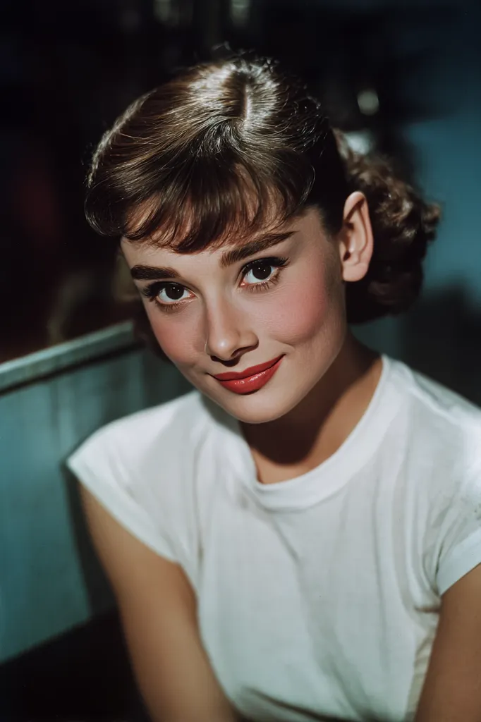 Audrey Hepburn, a timeless beauty icon, is captured in a close-up portrait.  Her dark hair is styled in a chic, slightly tousled updo with bangs framing her face.  She wears a simple white t-shirt, enhancing her delicate features and expressive eyes.  A subtle smile plays on her lips, adding to her captivating allure. The soft lighting and muted background highlight her elegance and natural grace.