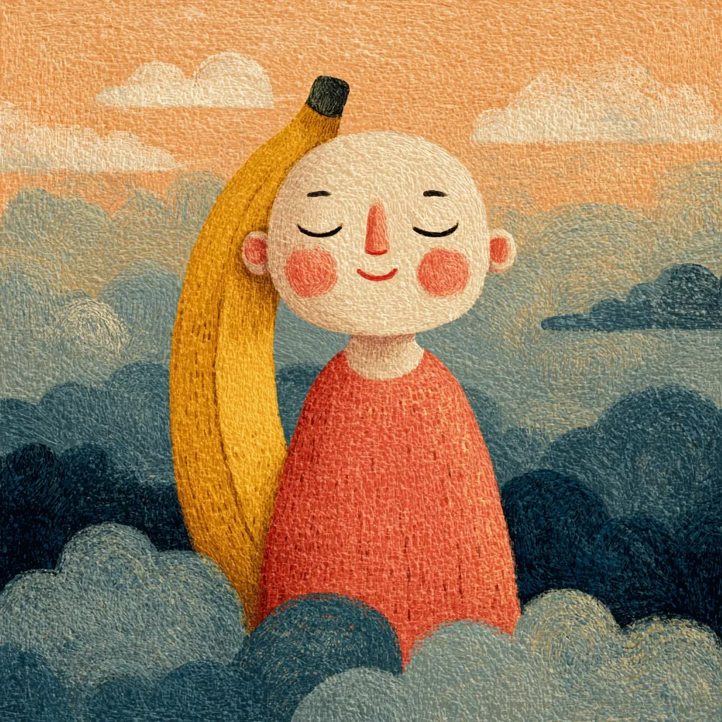 A whimsical illustration depicts a bald child with rosy cheeks, eyes closed in serenity.  A large, yellow banana rests behind their head like a halo. The child wears a coral-colored dress.  They are nestled amidst stylized, textured clouds under a pastel sunset sky, creating a peaceful, dreamlike atmosphere. The style evokes a child's drawing, with a textured, almost fabric-like quality.