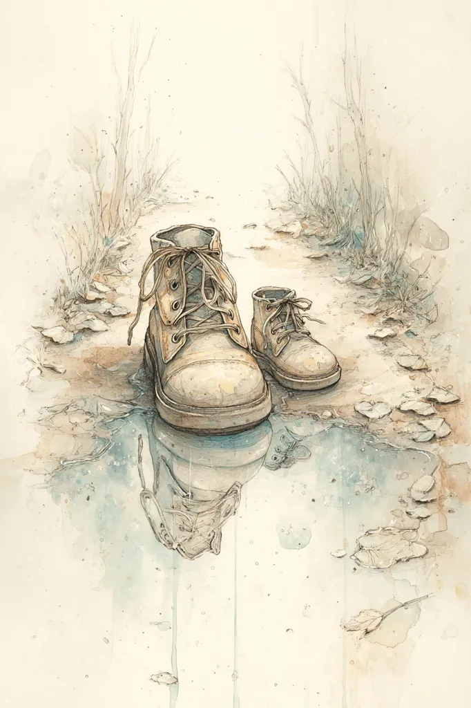 A watercolor painting depicts a pair of worn, light-brown boots, one adult-sized and one child-sized, standing in a puddle on a dirt path.  Dried leaves scatter around the puddle, and wispy, barren vegetation lines the path. The boots' reflections are visible in the still water, creating a serene yet slightly melancholic scene. The overall style is delicate and suggestive of a quiet moment.