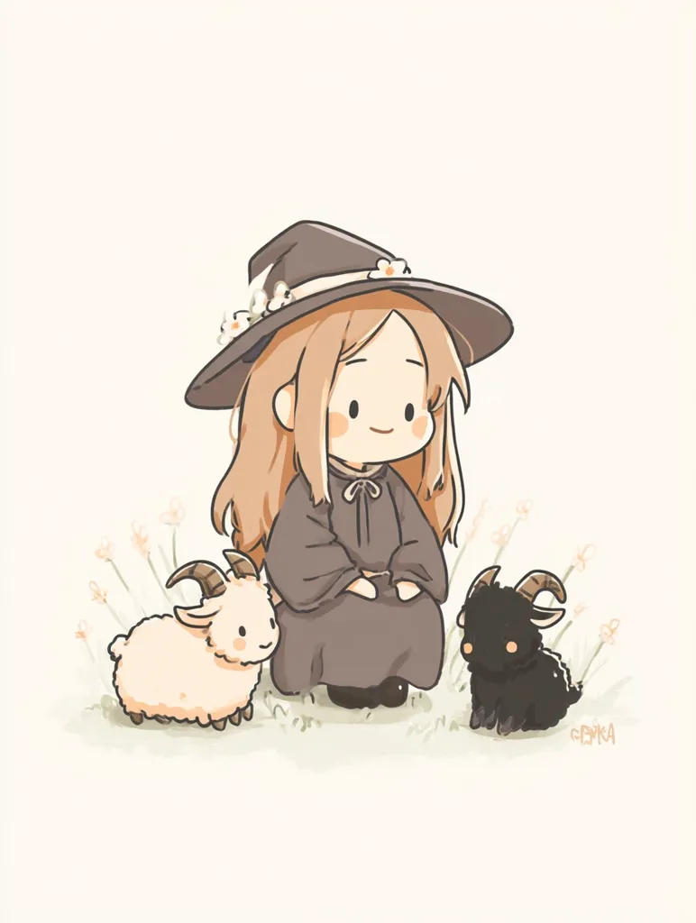 An adorable chibi-style illustration depicts a young witch with long blonde hair, wearing a dark brown witch's hat adorned with small white flowers.  She's dressed in a dark gray robe and sits peacefully between a fluffy white goat and a small black goat.  The scene is set in a whimsical, grassy field with delicate flower stems. The overall style is sweet and charming.